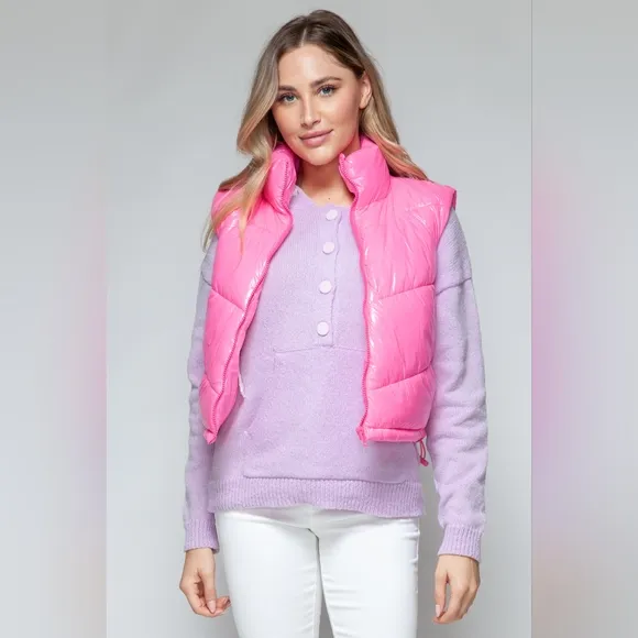 Snobbish Zip Up Turtleneck Shiny Quilted Puffy Vest