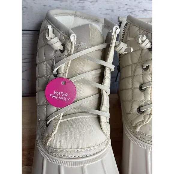 So Rain Boots Womens Size 9,5 M Gulf Quilted Zip-Up &amp; Laced Ivory Duck Boots