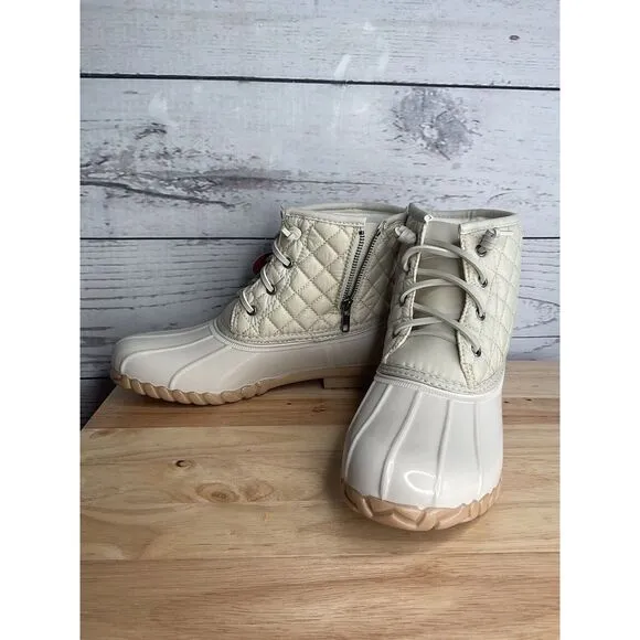 So Rain Boots Womens Size 9,5 M Gulf Quilted Zip-Up &amp; Laced Ivory Duck Boots