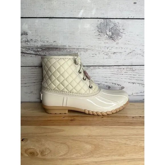 So Rain Boots Womens Size 9,5 M Gulf Quilted Zip-Up &amp; Laced Ivory Duck Boots