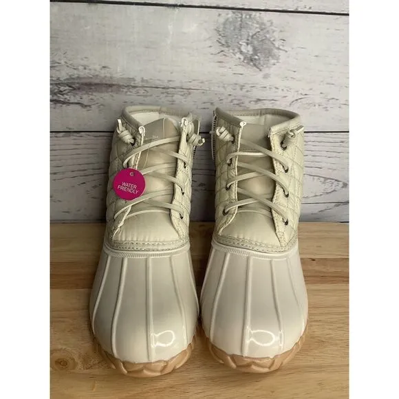 So Rain Boots Womens Size 9,5 M Gulf Quilted Zip-Up &amp; Laced Ivory Duck Boots