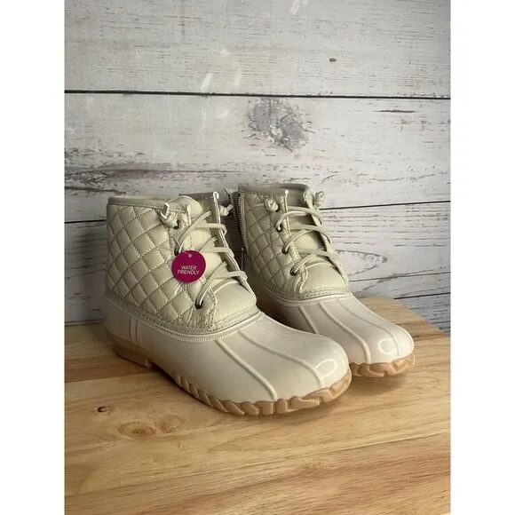 So Rain Boots Womens Size 9,5 M Gulf Quilted Zip-Up &amp; Laced Ivory Duck Boots