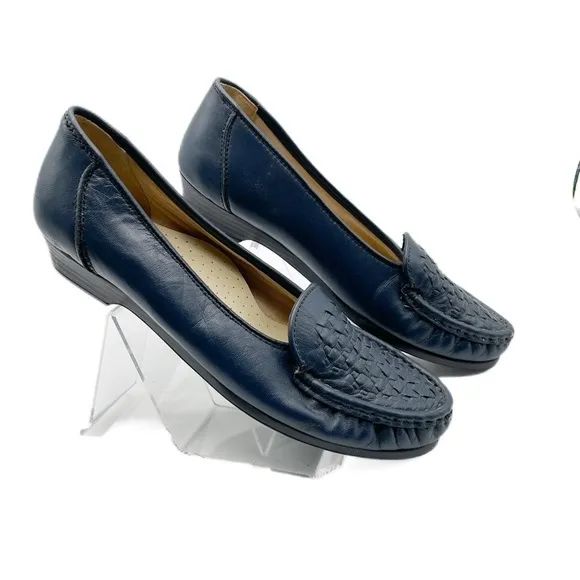Soft Spots Constance Navy Blue Leather Basket Weave Slip On Loafers