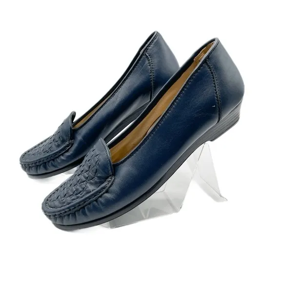 Soft Spots Constance Navy Blue Leather Basket Weave Slip On Loafers