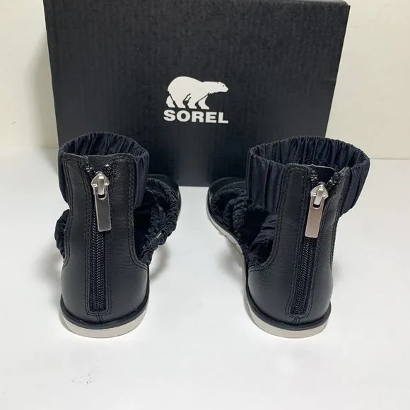 Sorel Ella II Ankle Strap Sandals Leather Flats Black Size 7 NEW
