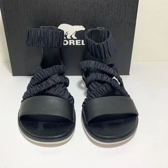 Sorel Ella II Ankle Strap Sandals Leather Flats Black Size 7 NEW