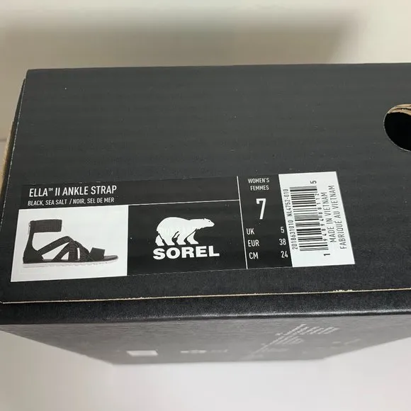 Sorel Ella II Ankle Strap Sandals Leather Flats Black Size 7 NEW