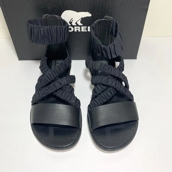 Sorel Ella II Ankle Strap Sandals Leather Flats Black Size 7 NEW