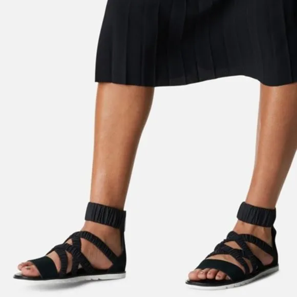 Sorel Ella II Ankle Strap Sandals Leather Flats Black Size 7 NEW