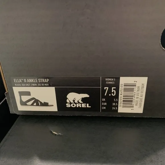 Sorel Ella II Ankle Strap Sandals Leather Flats Black Size 7.5 NEW