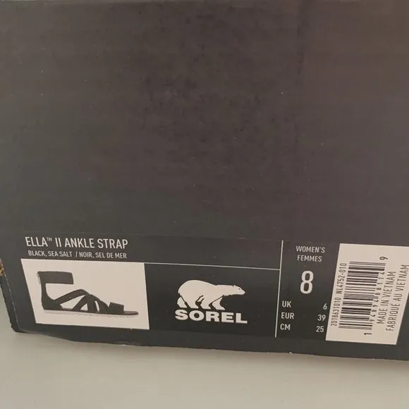 Sorel Ella II Ankle Strap Sandals Leather Flats Black Size 8 NEW