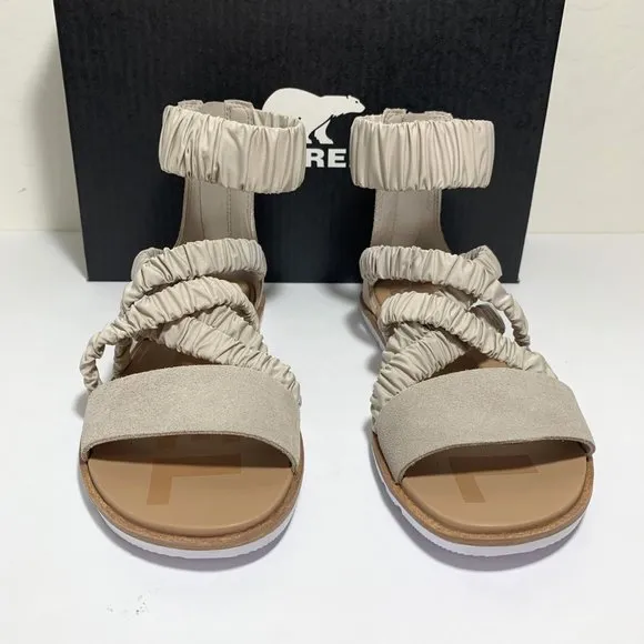Sorel Ella II Ankle Strap Sandals Leather Flats Soft Taupe Size 8.5 NEW