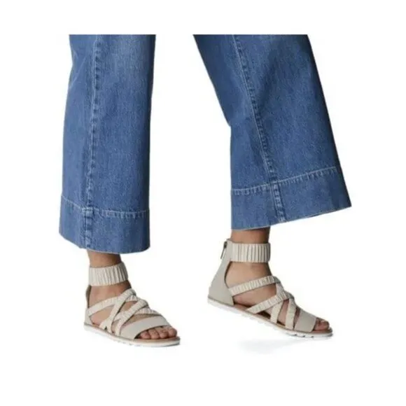Sorel Ella II Ankle Strap Sandals Leather Flats Soft Taupe Size 8.5 NEW