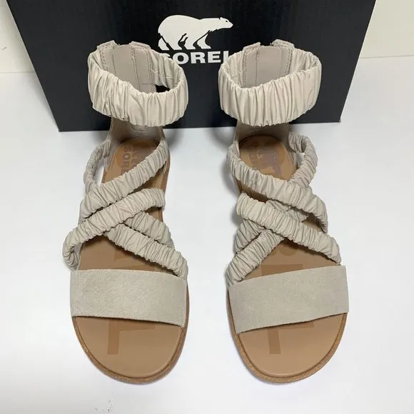 Sorel Ella II Ankle Strap Sandals Leather Flats Soft Taupe Size 9 NEW