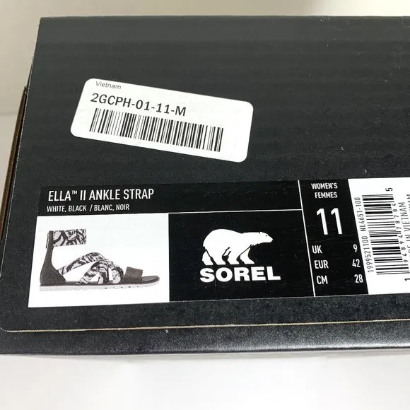 Sorel Ella II Ankle Strap Sandals Leather Flats White &amp; Black Print Size 11 NEW