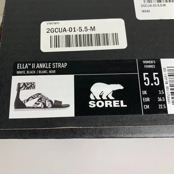 Sorel Ella II Ankle Strap Sandals Leather Flats White &amp; Black Print Size 5.5 NEW