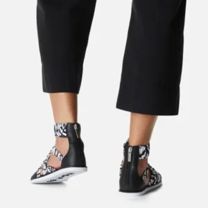 Sorel Ella II Ankle Strap Sandals Leather Flats White &amp; Black Print Size 5.5 NEW