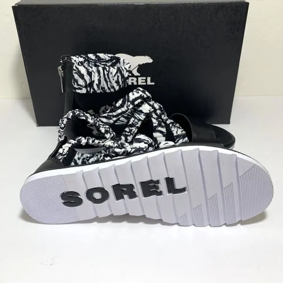Sorel Ella II Ankle Strap Sandals Leather Flats White &amp; Black Print Size 7 NEW