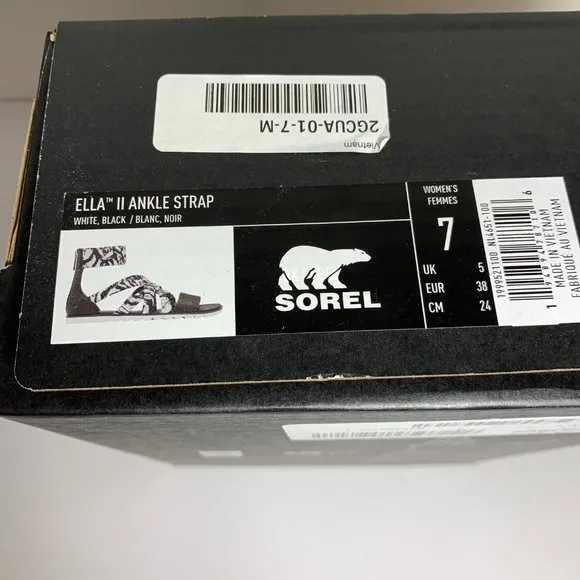 Sorel Ella II Ankle Strap Sandals Leather Flats White &amp; Black Print Size 7 NEW