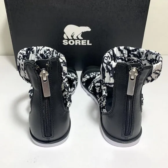 Sorel Ella II Ankle Strap Sandals Leather Flats White &amp; Black Print Size 7 NEW
