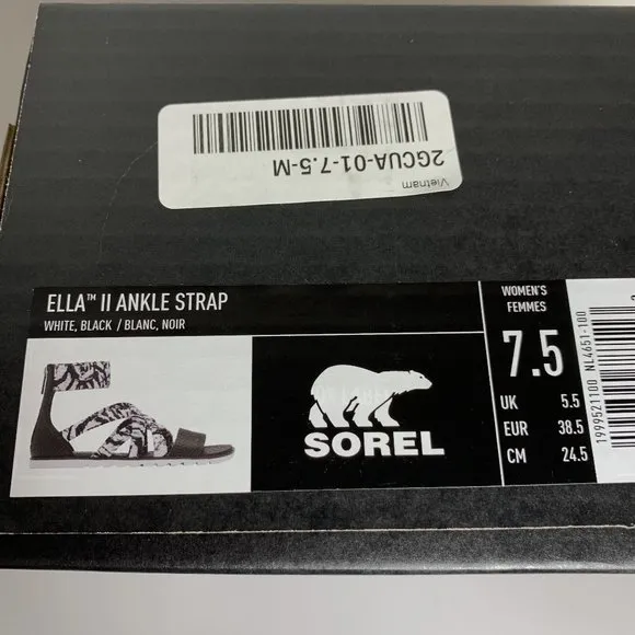 Sorel Ella II Ankle Strap Sandals Leather Flats White &amp; Black Print Size 7.5 NEW