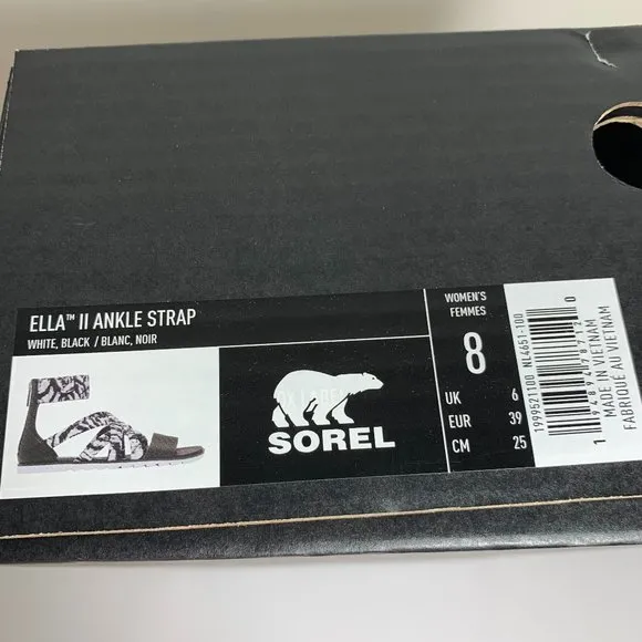 Sorel Ella II Ankle Strap Sandals Leather Flats White &amp; Black Print Size 8 NEW