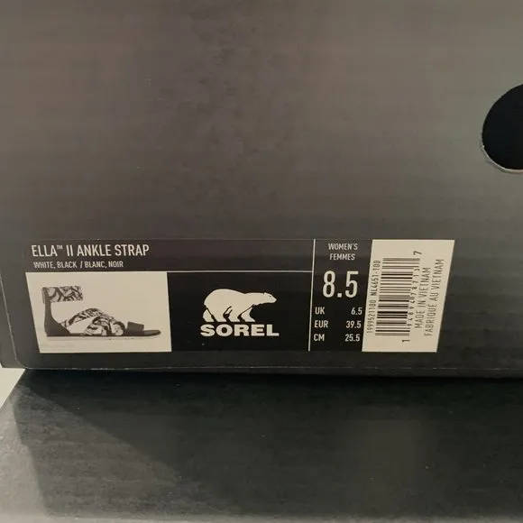 Sorel Ella II Ankle Strap Sandals Leather Flats White &amp; Black Print Size 8.5 NEW