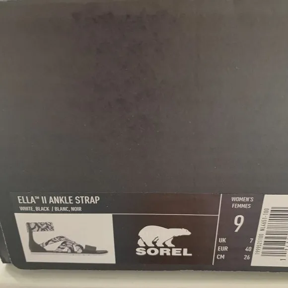 Sorel Ella II Ankle Strap Sandals Leather Flats White &amp; Black Print Size 9 NEW
