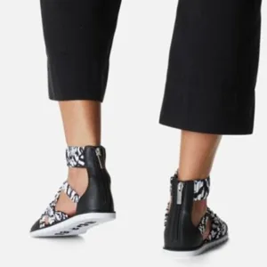 Sorel Ella II Ankle Strap Sandals Leather Flats White &amp; Black Print Size 9 NEW