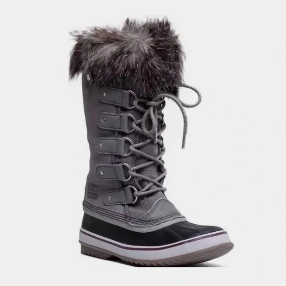 Sorel Size 8 Gray Black Joan Of Arctic Faux Fur Trim Waterproof Winter Snow Boot