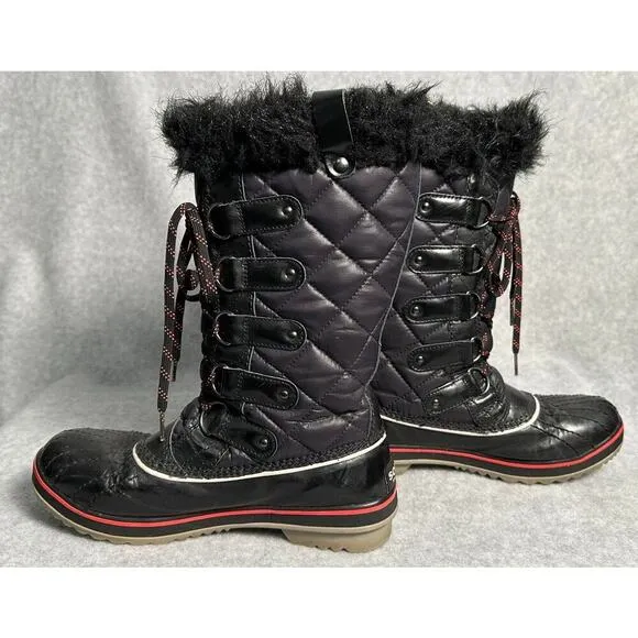 SOREL Tofino Cate Size 8 Black Quilted Waterproof Snow Boots Winter Fur Trim