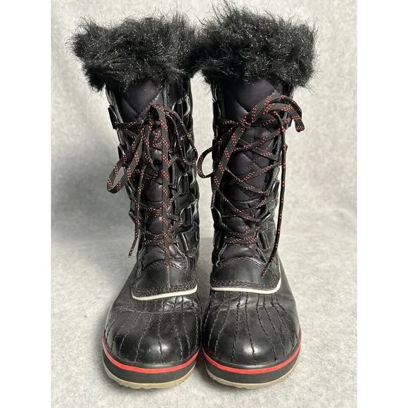 SOREL Tofino Cate Size 8 Black Quilted Waterproof Snow Boots Winter Fur Trim