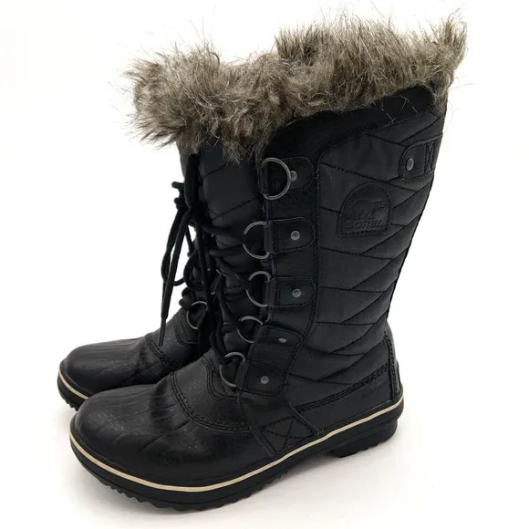 Sorel Tofino II Boots Size 7 Faux Fur Lined Waterproof Black Quilted Lace Up