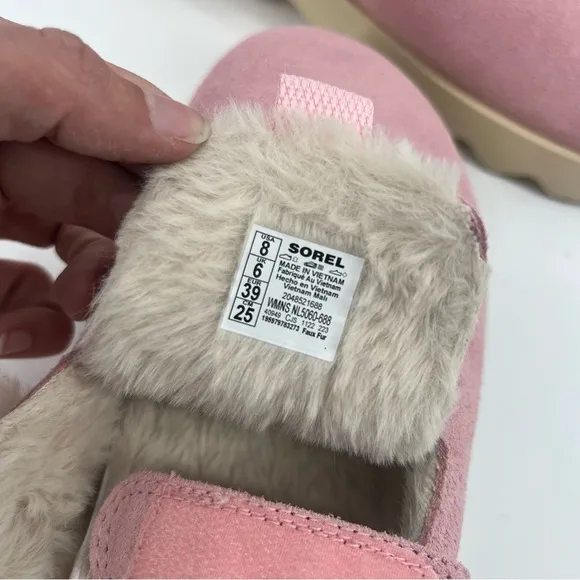 Sorel VIIBE Pink Suede Leather Shearling Slip On Adjustable Cozy Winter Loafers