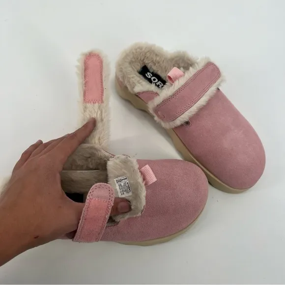 Sorel VIIBE Pink Suede Leather Shearling Slip On Adjustable Cozy Winter Loafers