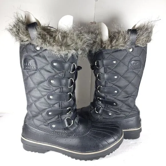 Sorel Women's Tofino II US10 Black Ston Waterproof Quilted Faux Fur Winter Boots