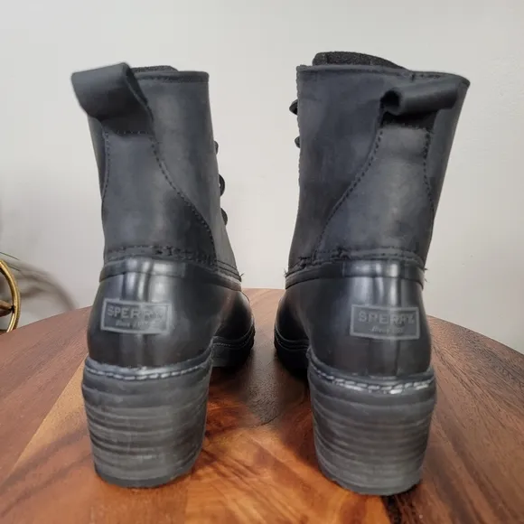 Sperry Saltwater Heel Rain Boots Women's Black Leather Lace-Up Duck Boot Size 5