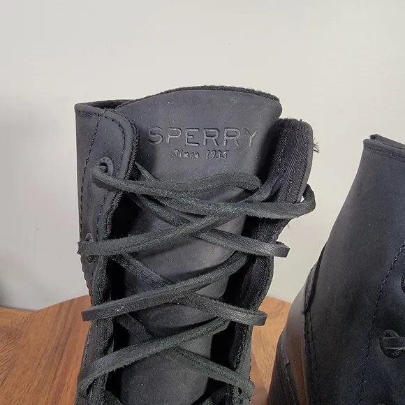 Sperry Saltwater Heel Rain Boots Women's Black Leather Lace-Up Duck Boot Size 5