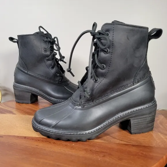Sperry Saltwater Heel Rain Boots Women's Black Leather Lace-Up Duck Boot Size 5