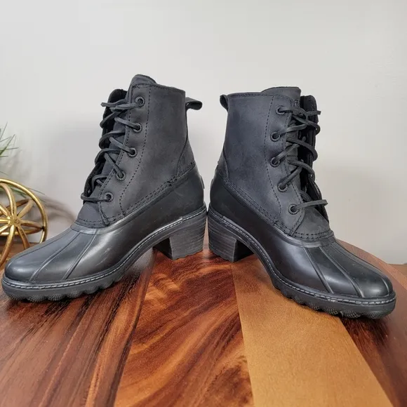 Sperry Saltwater Heel Rain Boots Women's Black Leather Lace-Up Duck Boot Size 5