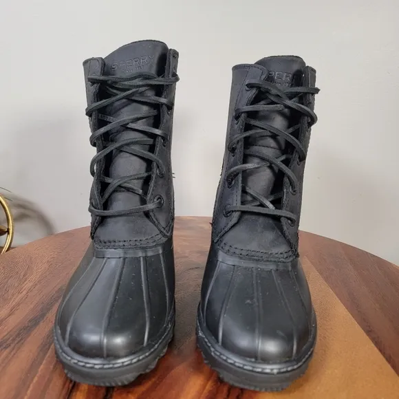 Sperry Saltwater Heel Rain Boots Women's Black Leather Lace-Up Duck Boot Size 5