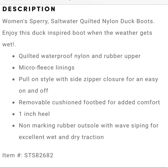Sperry Saltwater Nylon Quilted Gray Duck Boots 9.5
