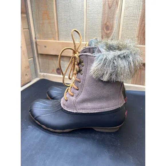 Sperry Womens Size 9 Duck Boots With Faux Fur Trim &amp; Lace-Up Closure