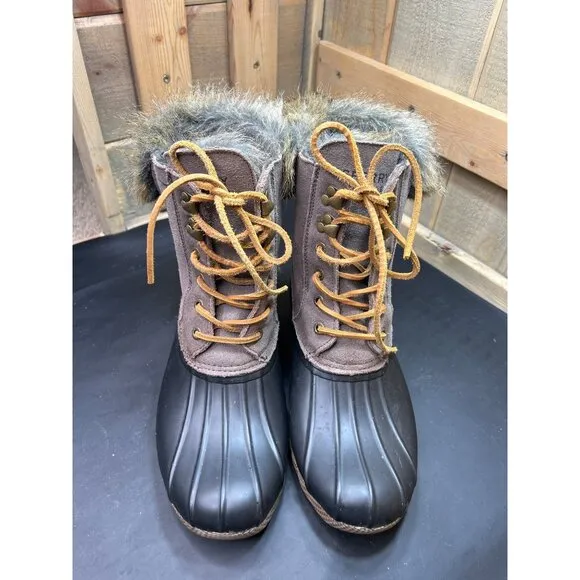 Sperry Womens Size 9 Duck Boots With Faux Fur Trim &amp; Lace-Up Closure