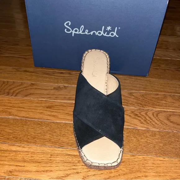 Splendid Britt Espadrilles Platform Wedge Slide Sandals Black &amp; Tan Women’s 9