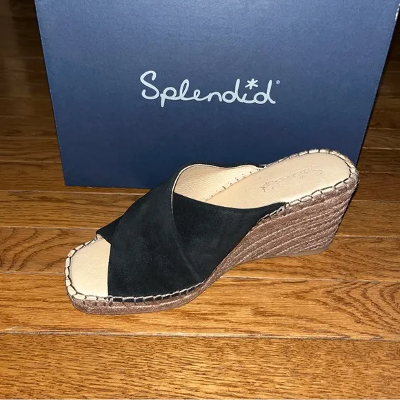 Splendid Britt Espadrilles Platform Wedge Slide Sandals Black &amp; Tan Women’s 9