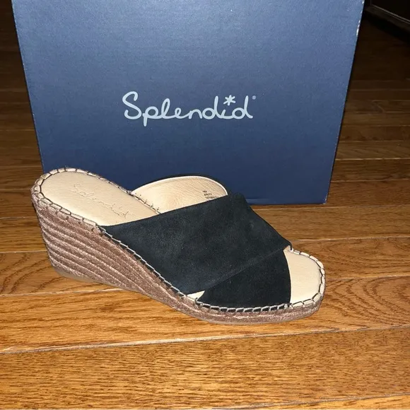 Splendid Britt Espadrilles Platform Wedge Slide Sandals Black &amp; Tan Women’s 9