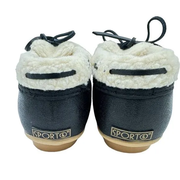 Sporto NWB Women's SZ 8 M Black White Faux Fur‎ Slip On Grip Sole Duck Loafers