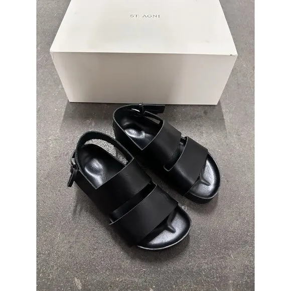 St. Agni Double Strap Platform Sandals Leather Black Flats