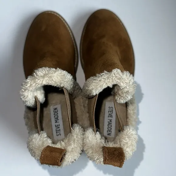 Steve Madden Leopold Faux Shearling Chelsea Boot in Camel Suede New